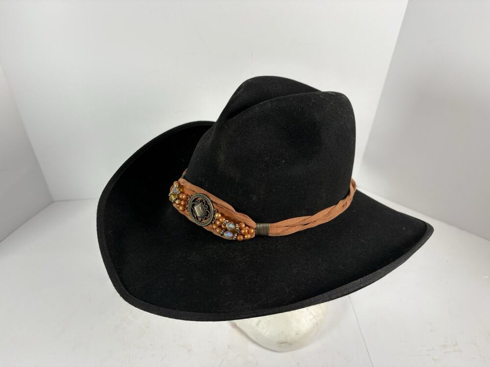Scala Black Wool Felt Cowboy Hat Western Wide Brim Beaded Concho Band Cowgirl
